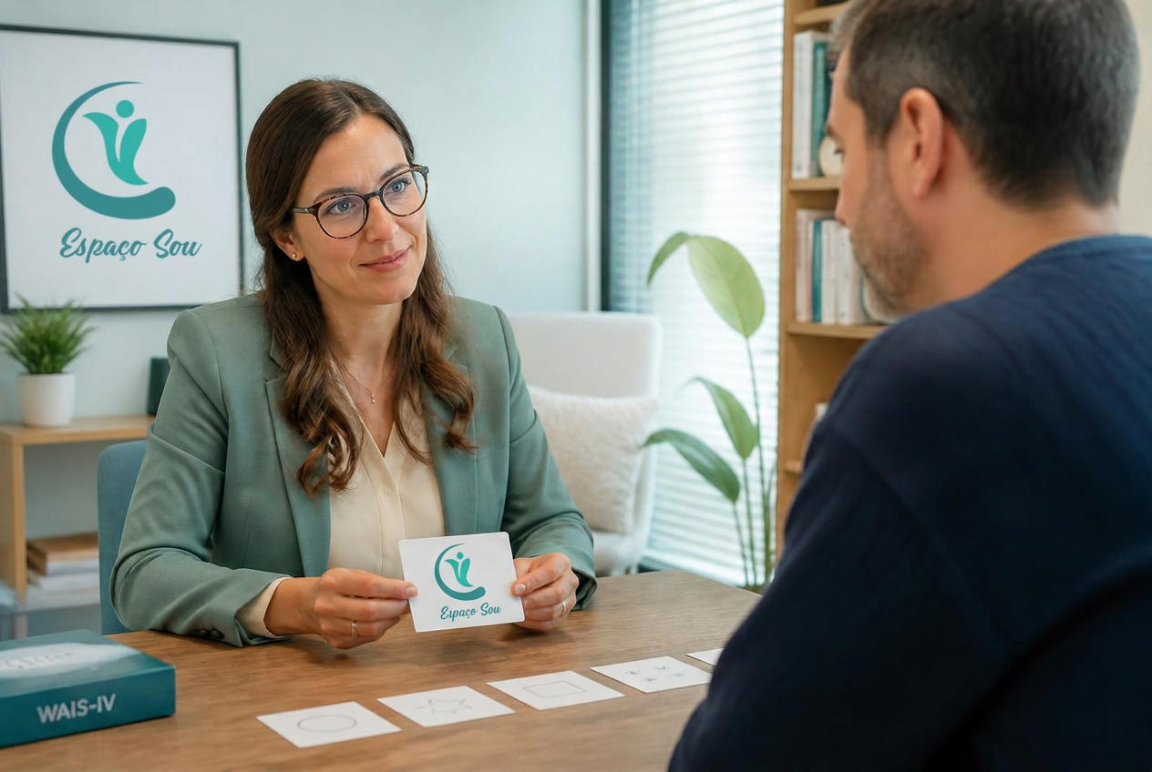 Profissional aplicando avaliação neuropsicológica em paciente adulto