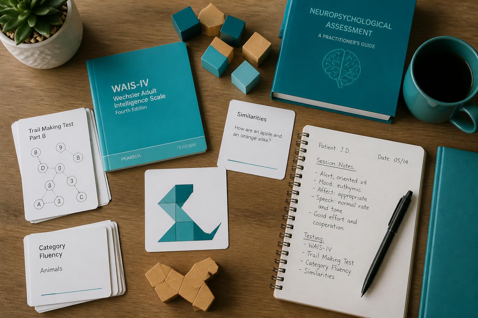 Instrumentos de testagem neuropsicológica sobre mesa de consultório